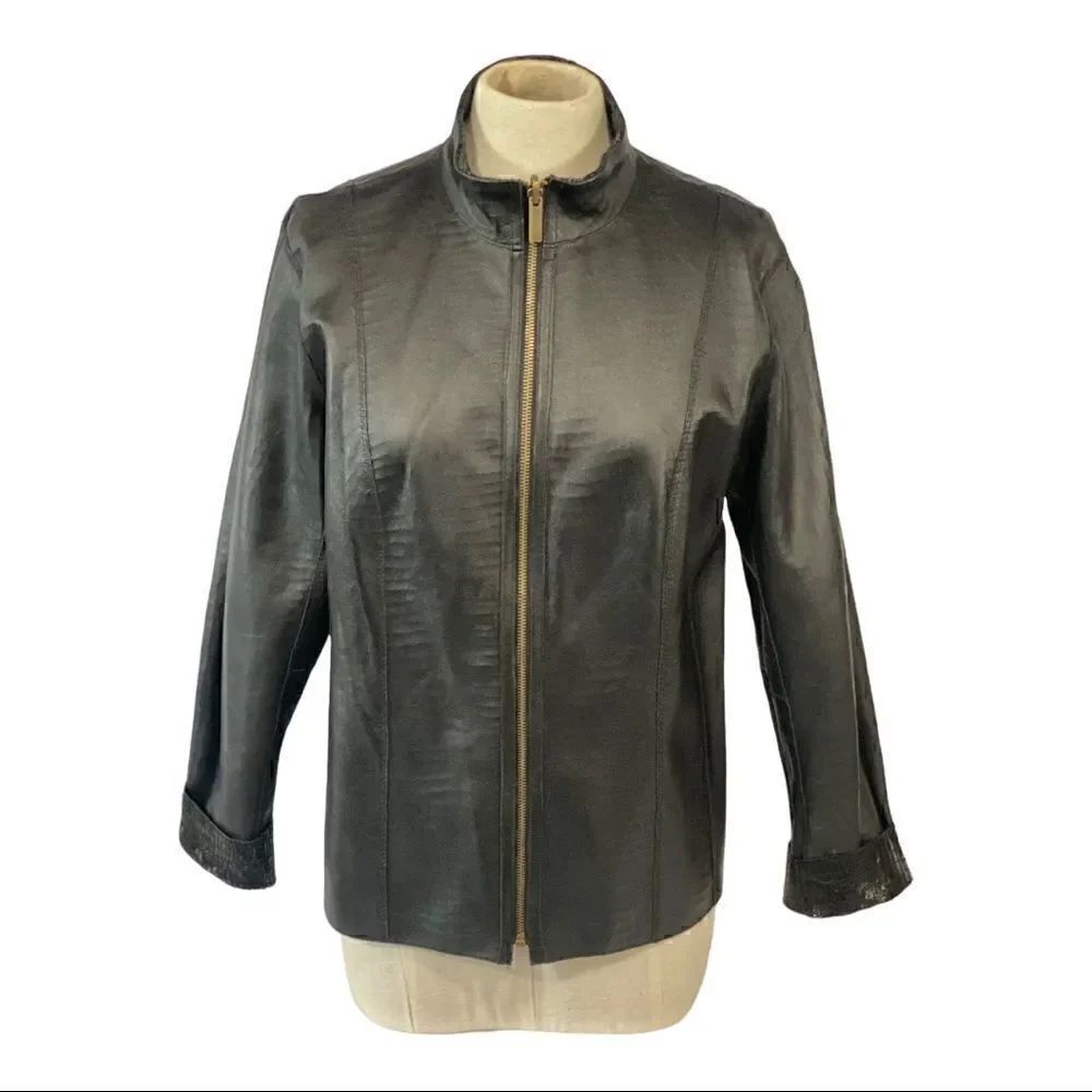 Reversible Faux Black Leather Moto & Animal Print Lightweight Jacket